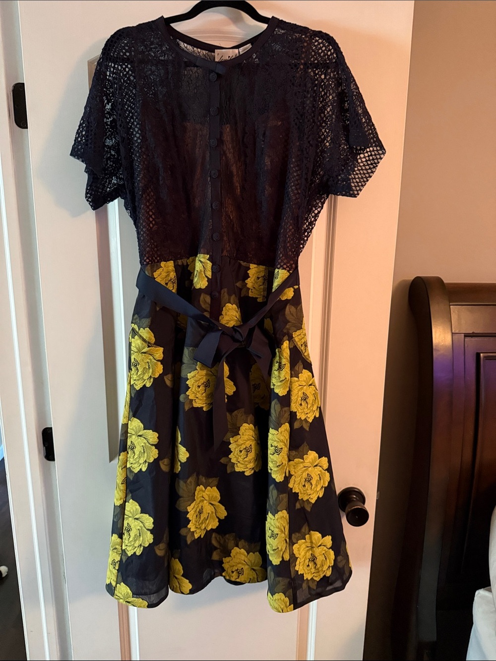 Byron Lars Navy Lace Bodice Midi Dress with Yellow Floral Skirt - never worn